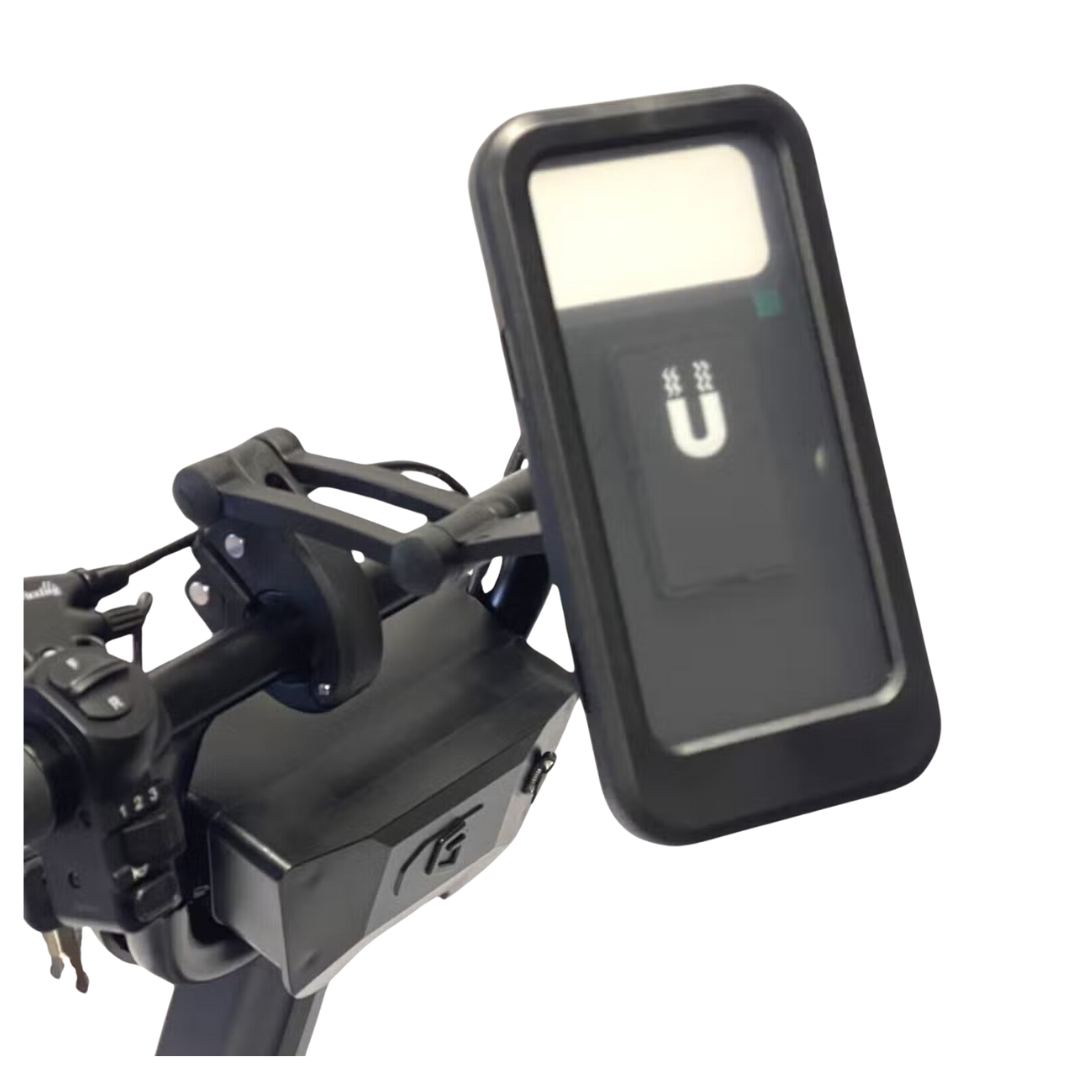 Close-up of a black smartphone in a rectangular case with a charging symbol, mounted on bicycle handlebars akin to those on the Glion SNAPnGO Scooter Accessories. The handlebars display gear controls and cables against a plain white background.